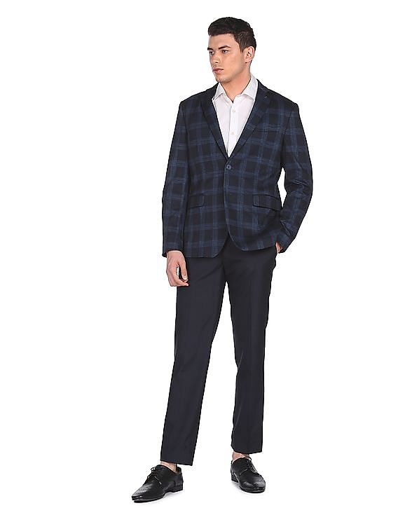 Men Navy Slim Fit Check Formal Blazer