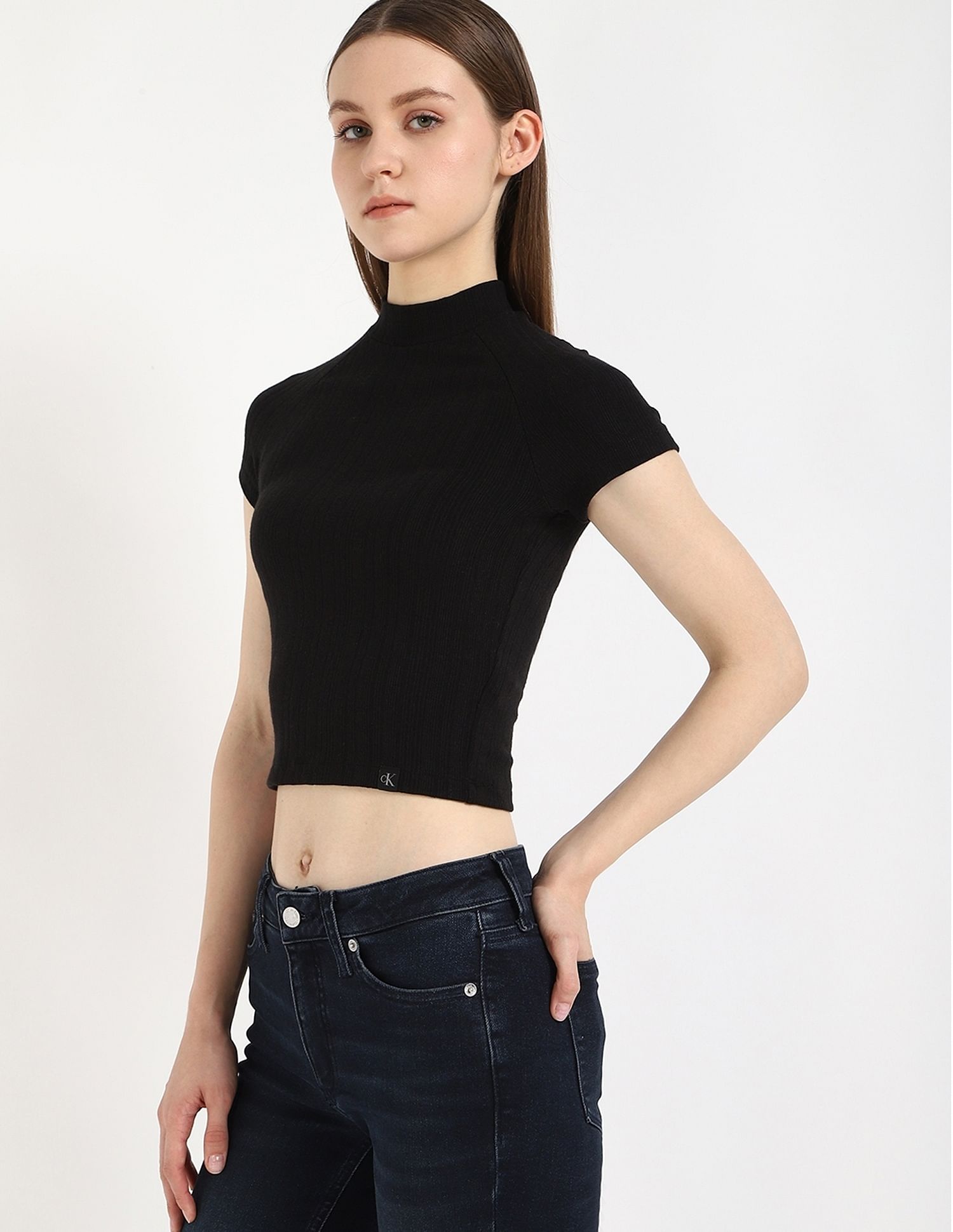 Calvin Klein Jeans Slim-Fit Viscose Mock Neck Crop Top
