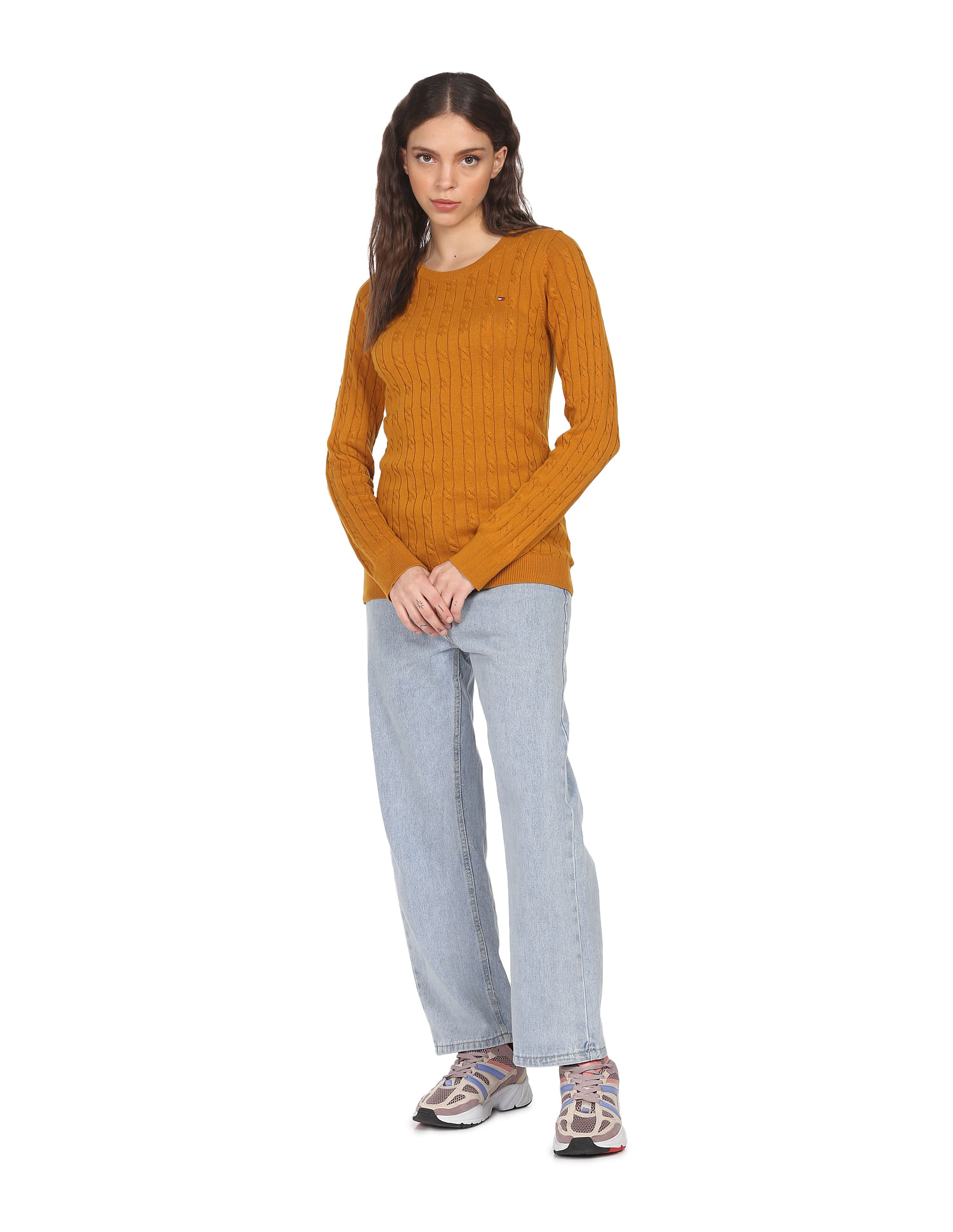 Tommy Hilfiger Women Mustard Jenny Crew Neck Cable Knit Sweater