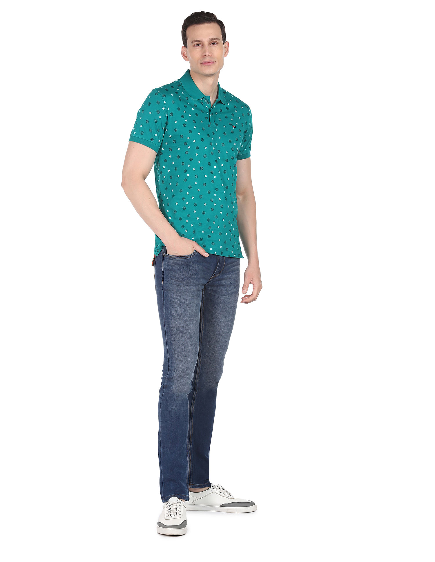 AD by Arvind Geometric Print Cotton Polo Shirt
