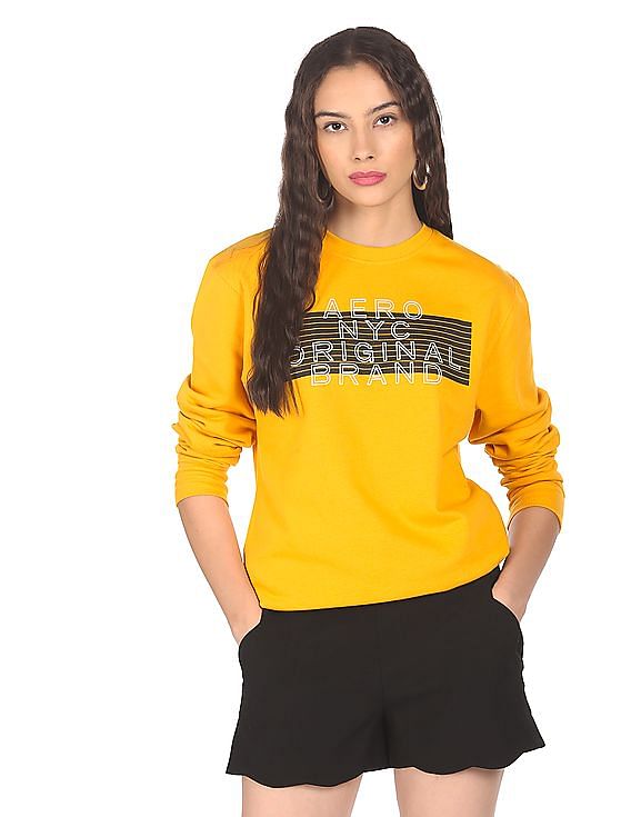 Aeropostale Women Mustard Crew Neck Brand Print Sweatshirt