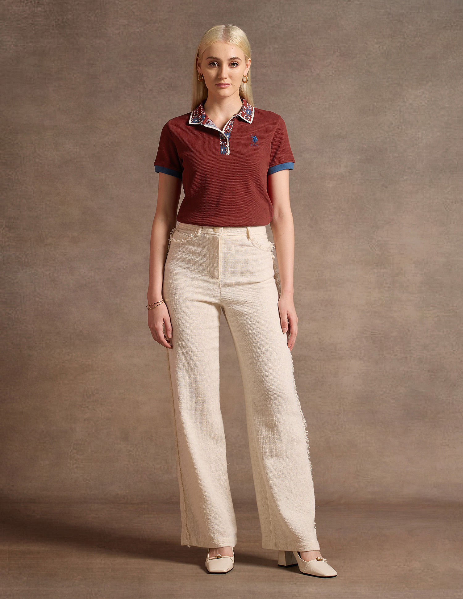 U.S. Polo Assn. Women Jacquard Collar Cotton Polo Shirt