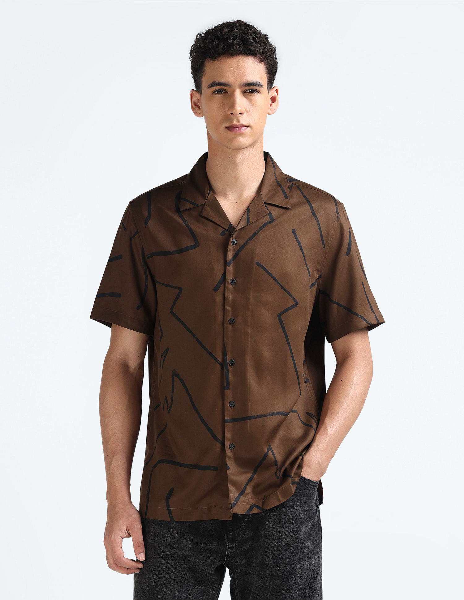 Flying Machine Cuban Collar Printed Holiday Shirt
