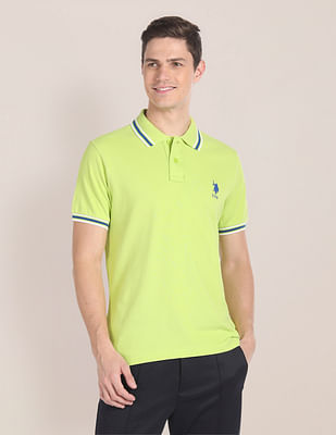 U S Polo Assn Striped Collar Solid Polo Shirt