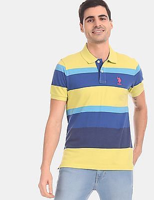 yellow and blue striped polo shirt