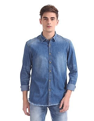 Men Regular Fit Stone Wash Denim Shirt 