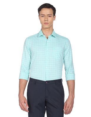 Buy Arrow Men Green Cutaway Collar Grid Tattersall Check Formal Shirt -  