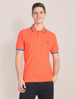 U S Polo Assn Striped Collar Solid Polo Shirt