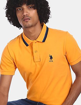 U S Polo Assn Men Yellow Tipped Collar Cotton Solid Pique Polo Shirt