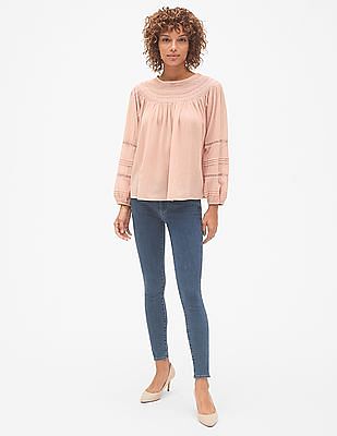 Buy GAP Women Women Pink Smocked Lace-Trim Peasant Blouse