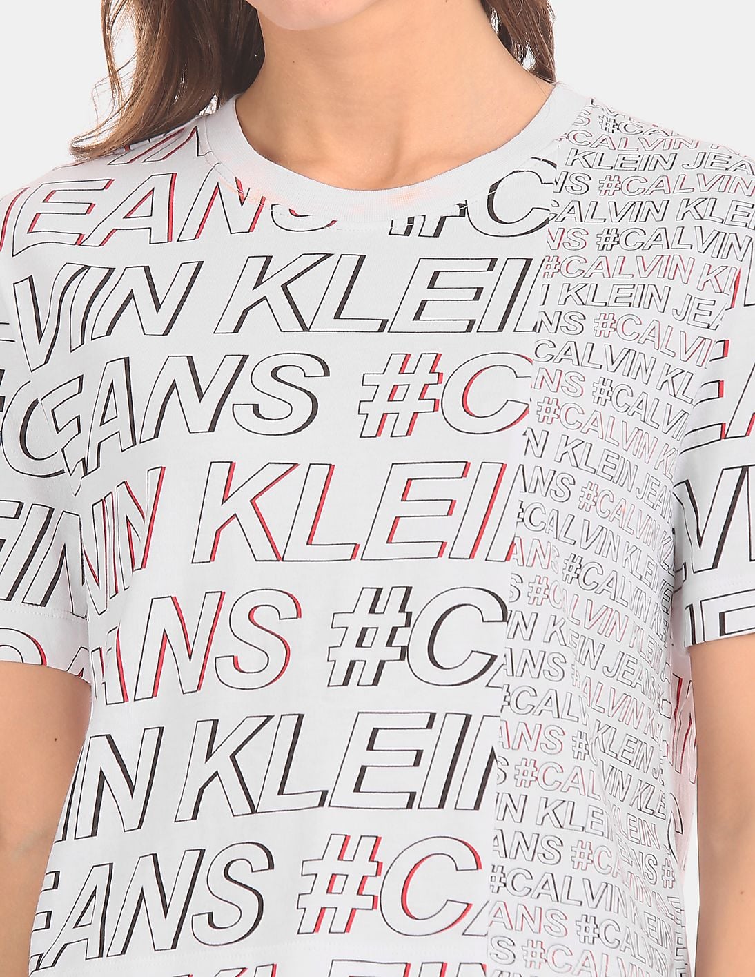 Buy Calvin Klein Women Off White Crew Neck Allover Logo Blocked T 