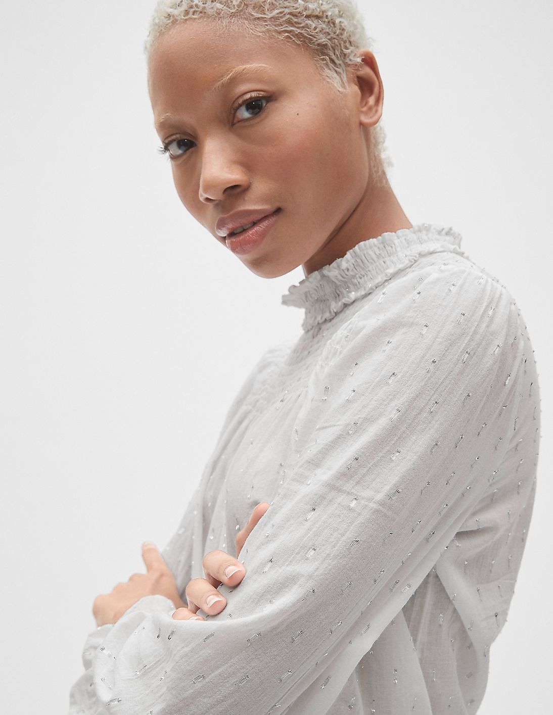 Buy GAP Women White Smocked Ruffle Mock neck Blouse in