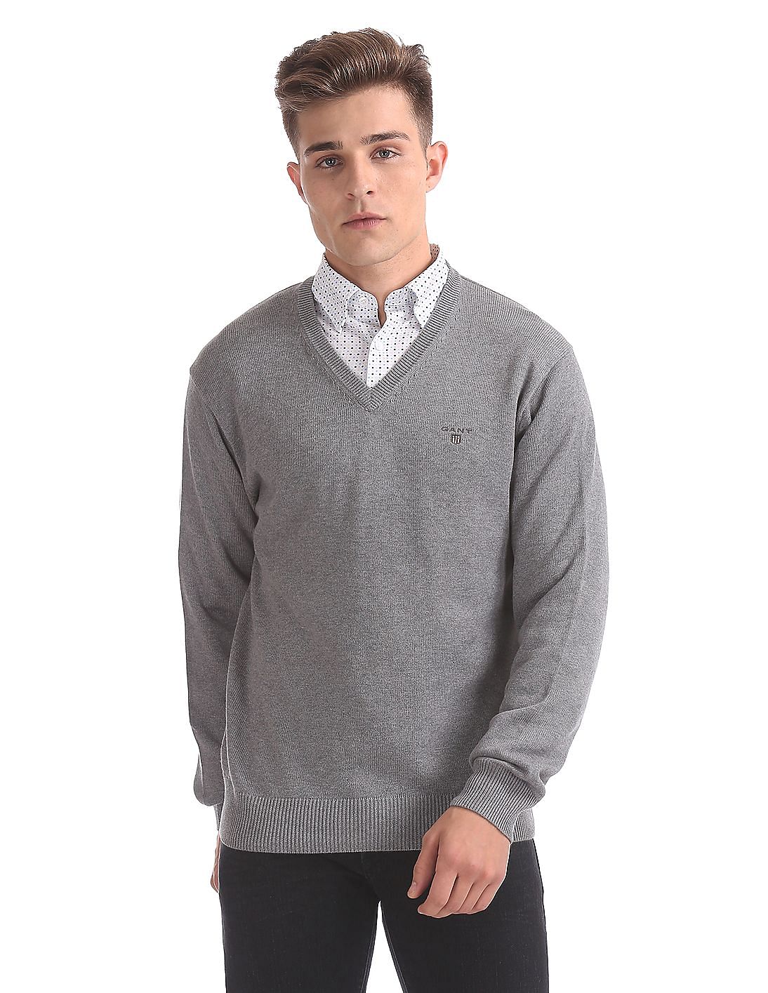 Buy Gant Men Solid Cotton V-Neck Sweater - NNNOW.com