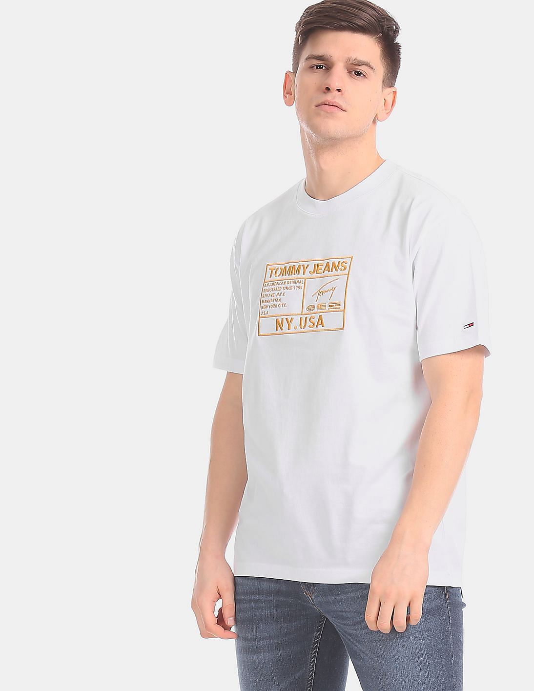 Buy Tommy Hilfiger Men Men White Embroidered Logo Cotton T-Shirt ...