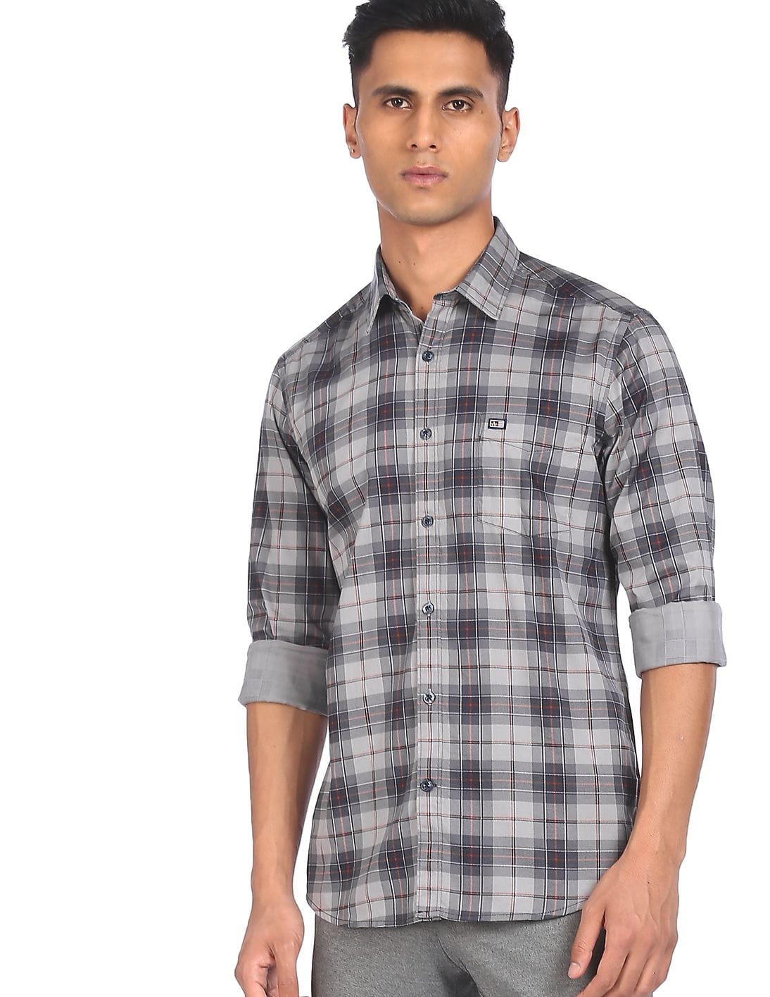 Buy Arrow Men Grey Spread Collar Check 
