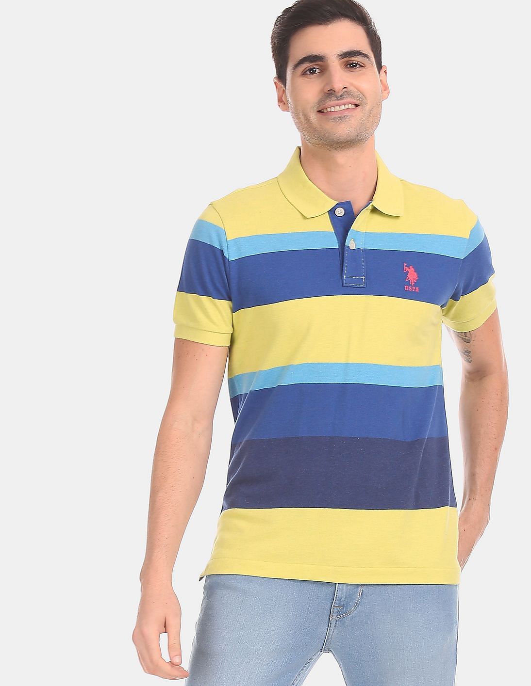 Buy U.S. Polo Assn. Men Yellow And Blue Short Sleeve Striped Pique Polo Shirt - NNNOW.com