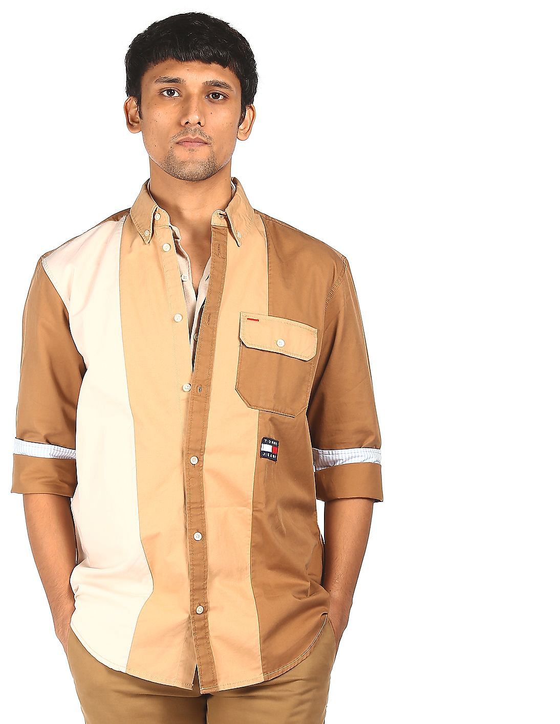 Buy Tommy Hilfiger Men Brown Button Down Collar Color Block Shirt