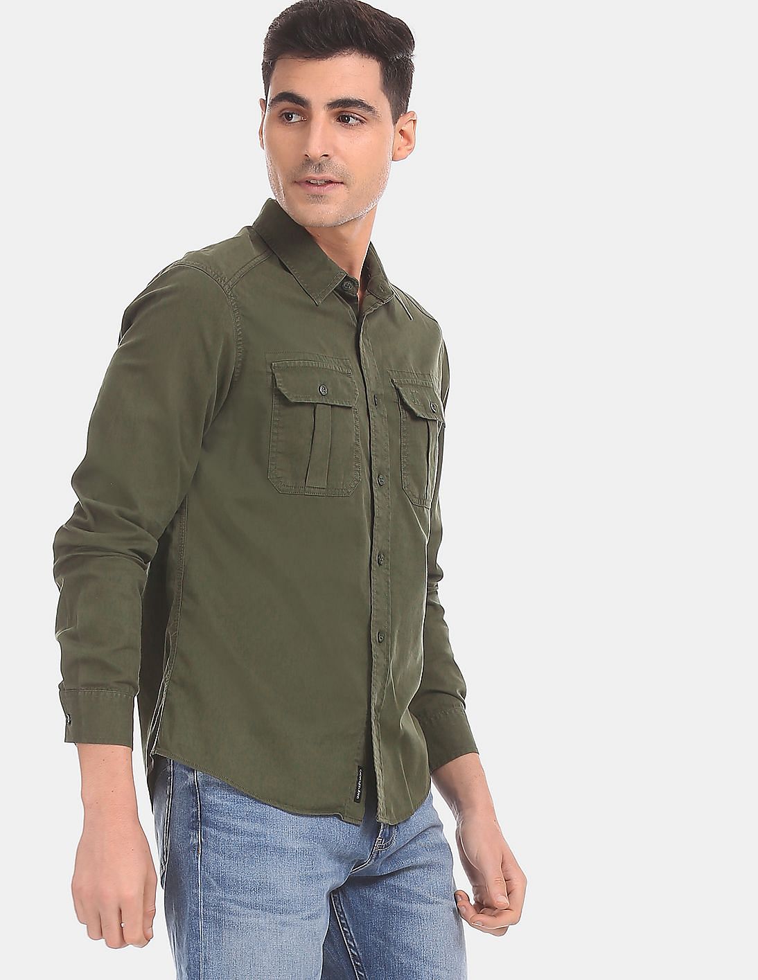 Buy Calvin Klein Men Olive Cotton Twill Utility Double Flap Pocket Casual  Shirt - NNNOW.com