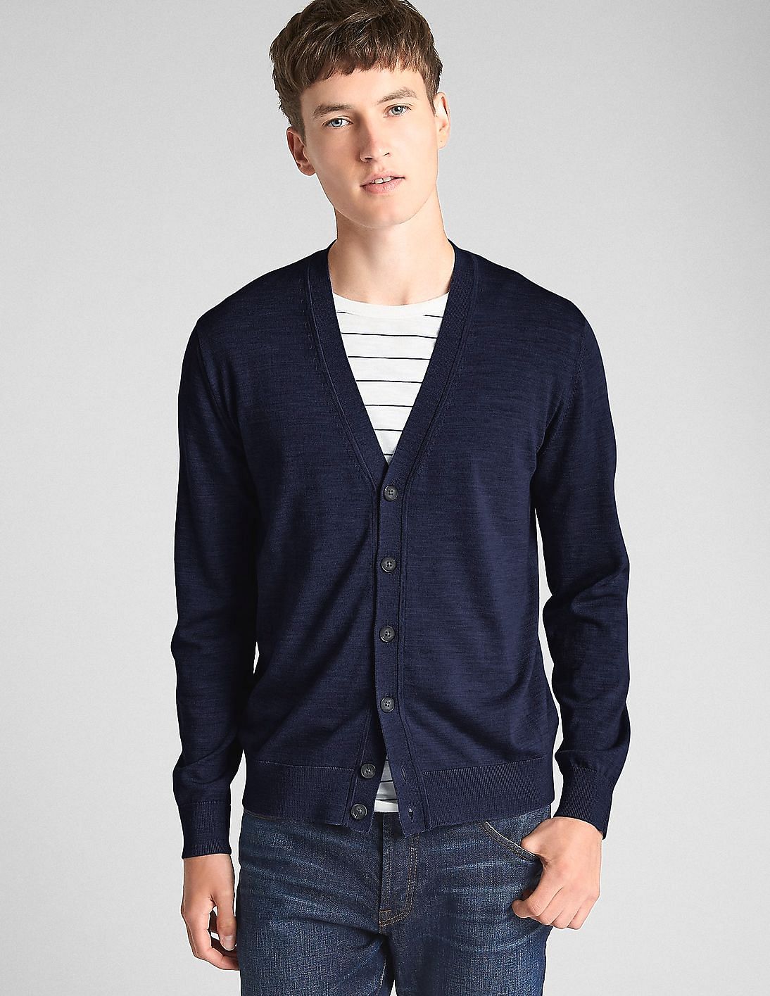 Buy GAP Men Blue V-Neck Cardigan Sweater In Merino Wool - NNNOW.com