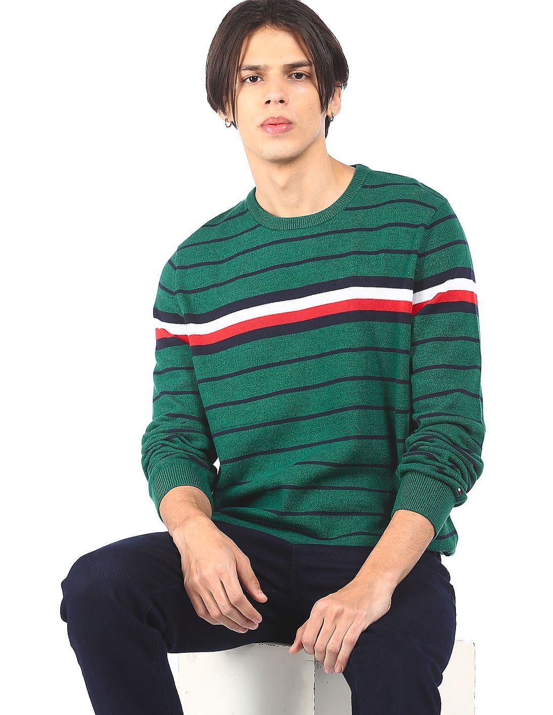 Buy Tommy Hilfiger Men Green Crew Neck Striped Sweater - NNNOW.com