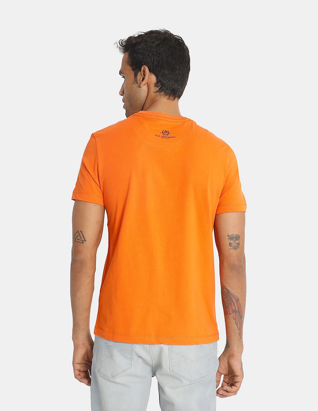 Buy U.S. Polo Assn. Men Orange Crew Neck Brand Print T-Shirt