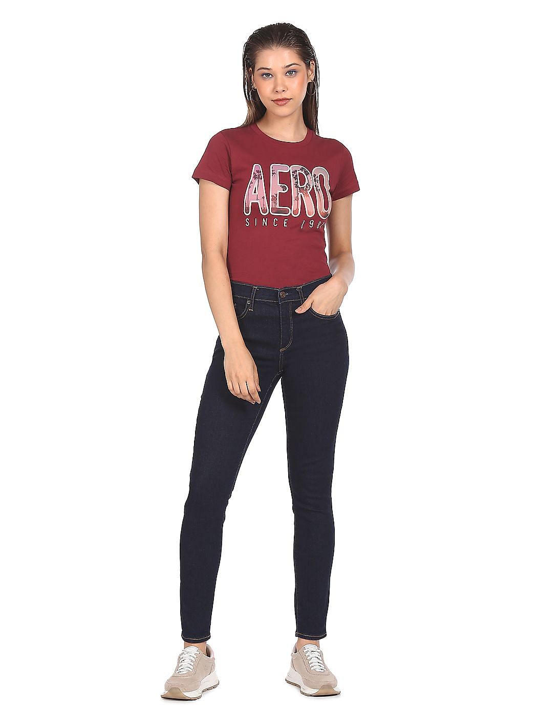 Buy Aeropostale Women Dark Red Cotton Brand Print T-Shirt - NNNOW.com