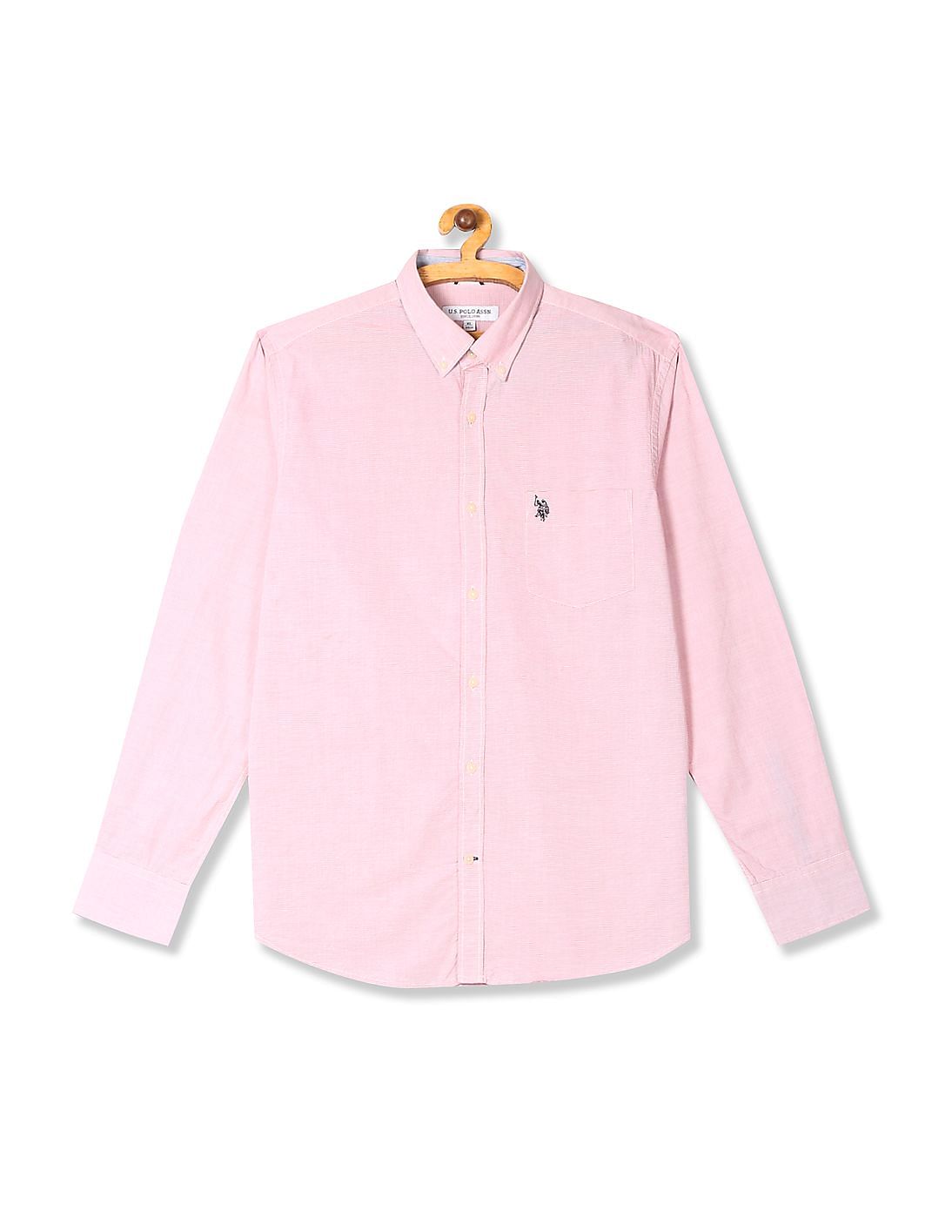Buy Men Red Button Down Collar Horizontal Pinstripe Shirt online at ...