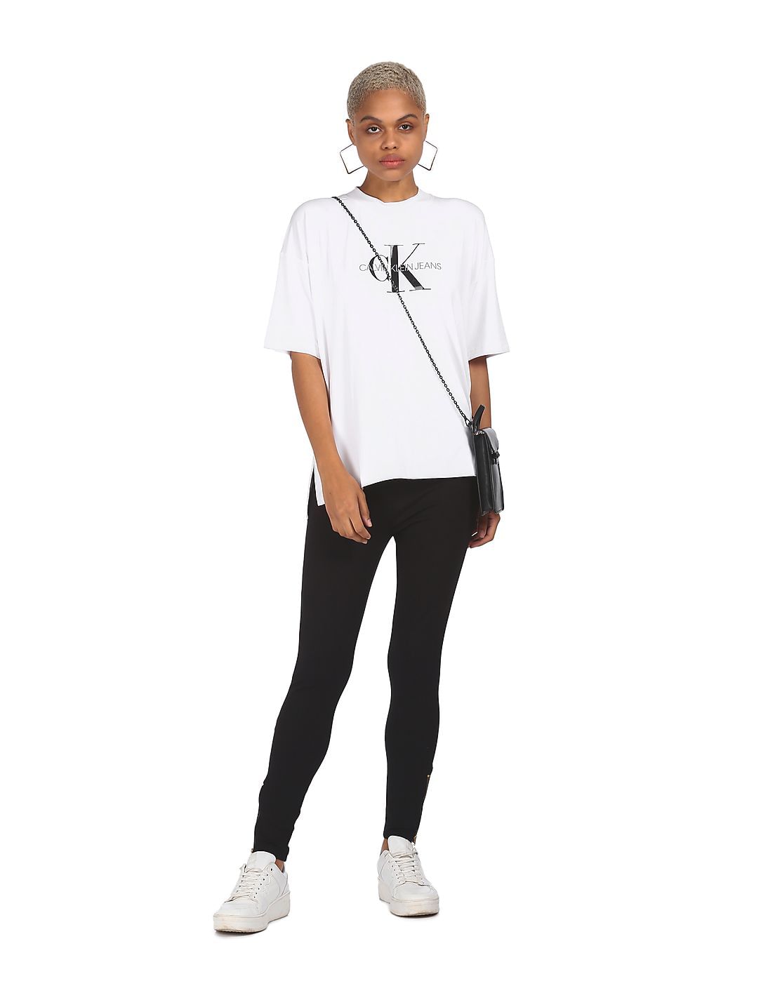 Buy Calvin Klein Women White Extended Short Sleeve Logo T