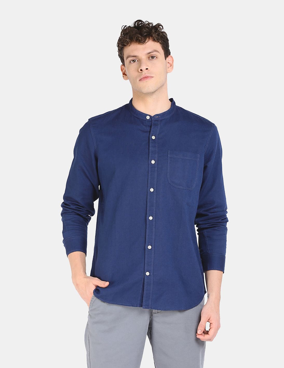 Buy GAP Men Blue Standard Fit Band Collar Shirt In Linen-Cotton