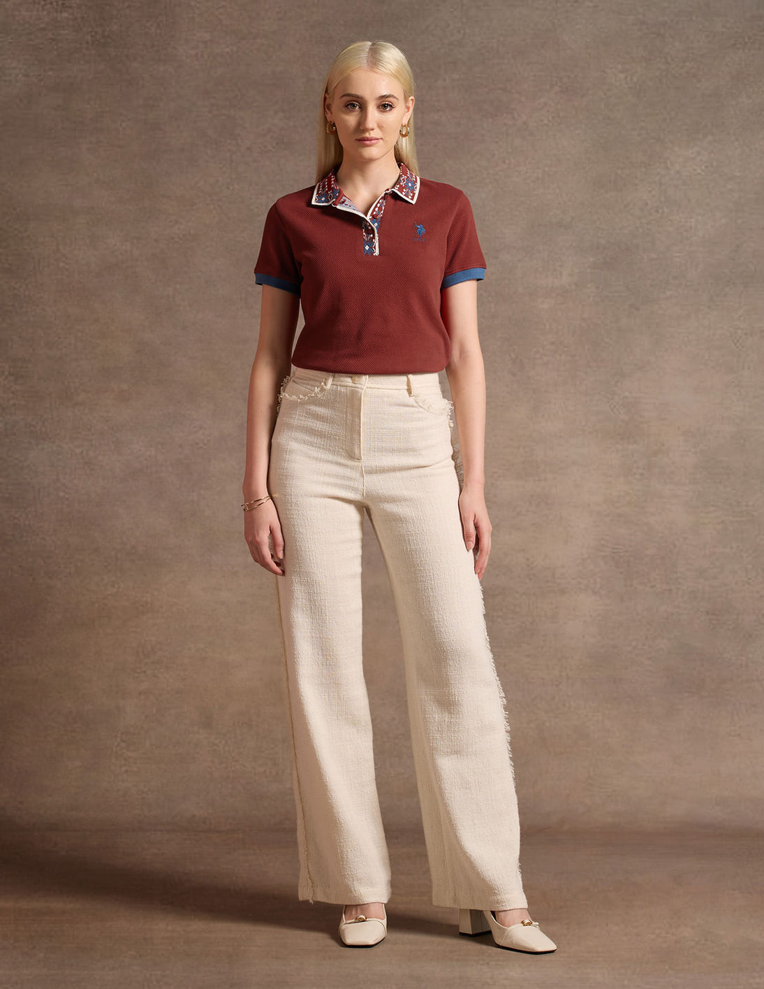 Buy U.S. Polo Assn. Women Jacquard Collar Cotton Polo Shirt