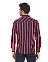 Aeropostale Men Dark Blue And Coral Spread Collar Striped Casual Shirt