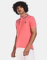 U.S. Polo Assn. Men Pink Tipped Collar Cotton Solid Pique Polo Shirt